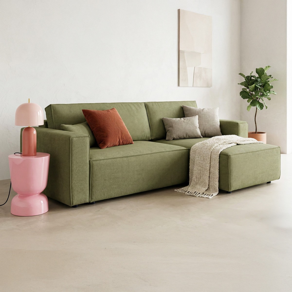 Canapé d'angle convertible 4 places en tissu chenille - LIVIA vert olive, HOMIFAB