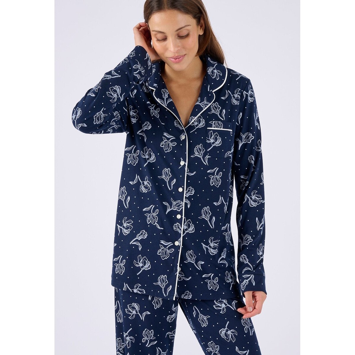 Pyjama manches longues imprimé fleur fond marine, DAMART