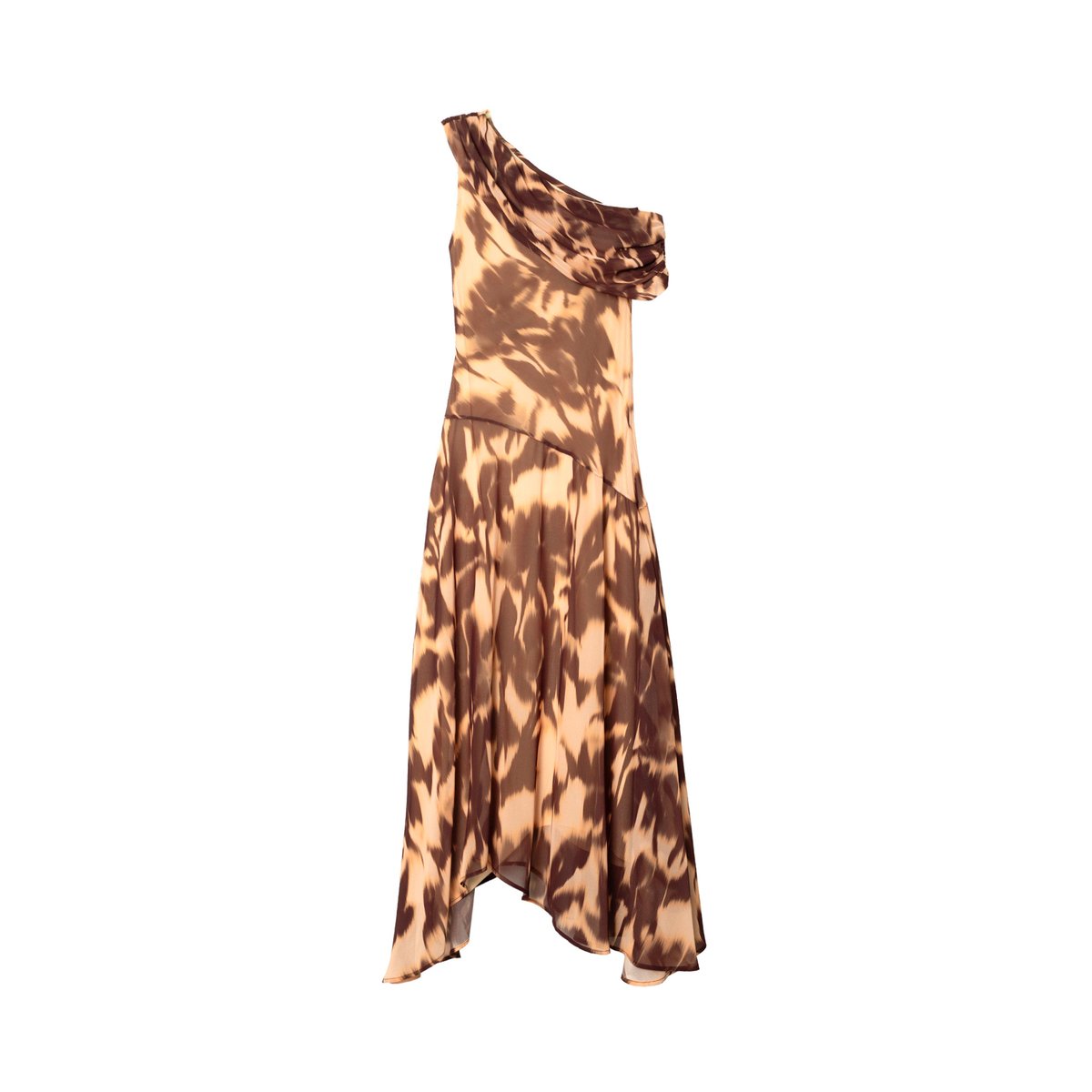 Robe en mousseline asymétrique à imprimé aquarelle et manche froncée marron, THE-ARE