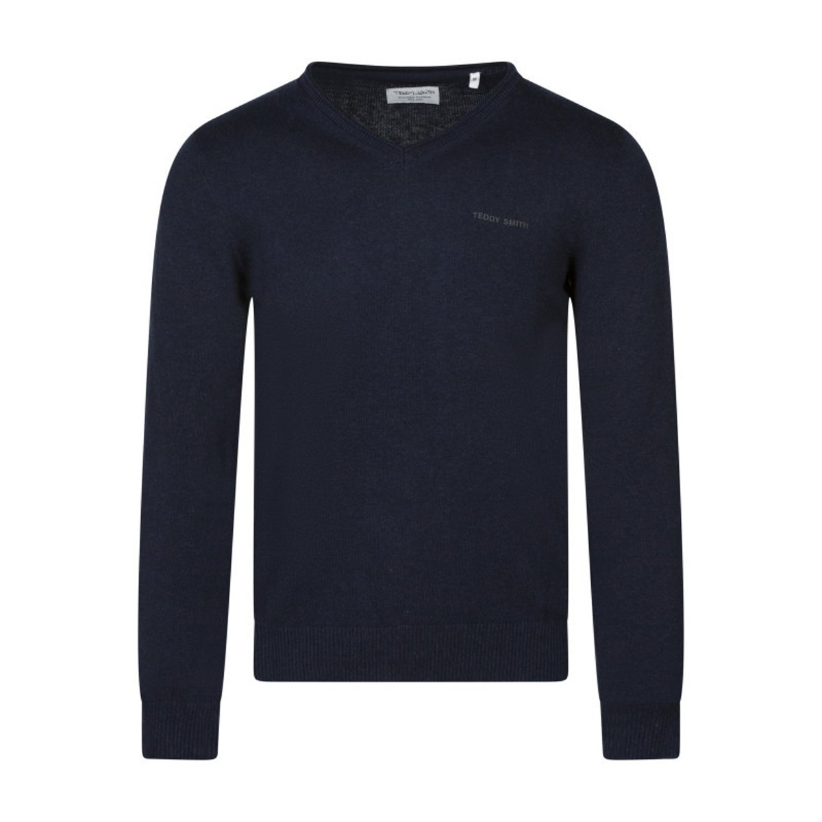 Pull en coton bleu clair à coupe droite pourvu d'un col v côtelé bleu foncé, TEDDY SMITH