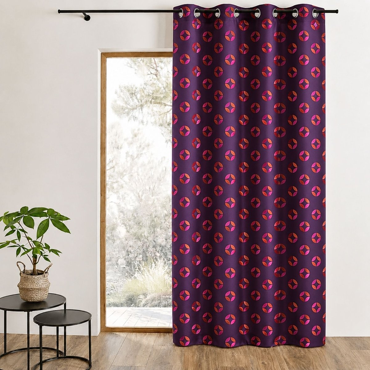 Rideau tamisant en jacquard à motifs de rosaces prune, HOME MAISON