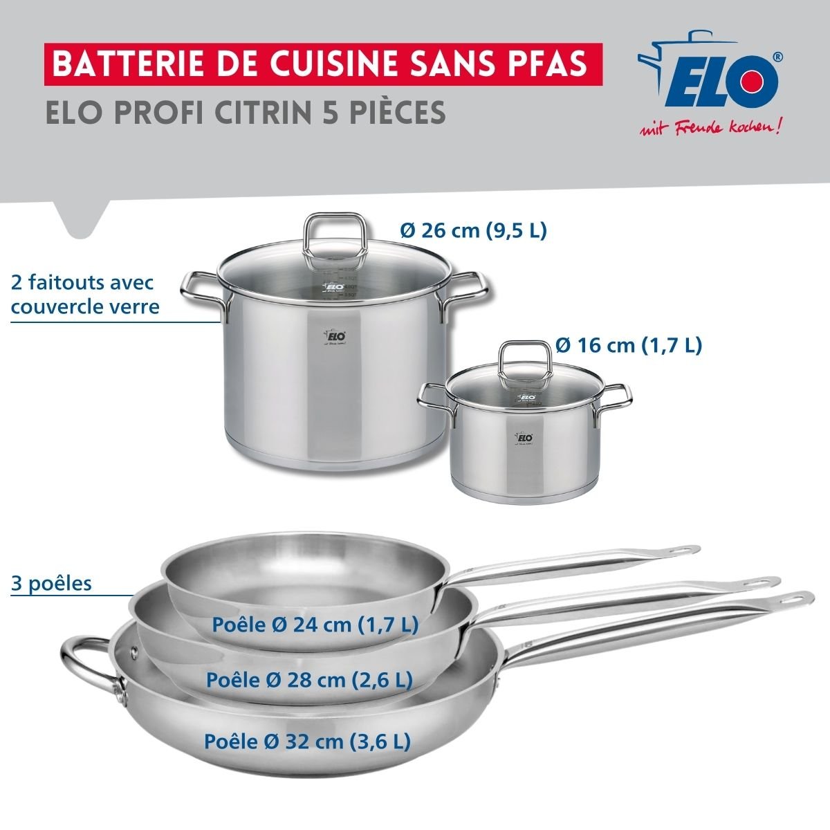 Batterie 3 poêles 24/28/32cm + 2 faitouts 16/26cm PROFI CITRIN gris, ELO
