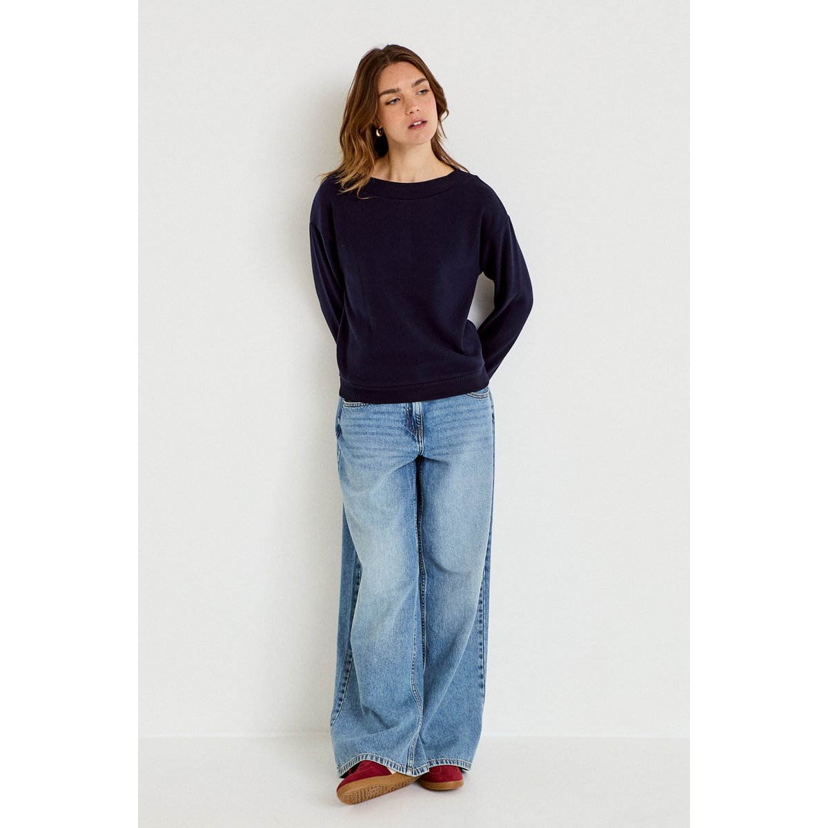 Sweat duveteux col rond manches longues bleu marine, CACHE CACHE