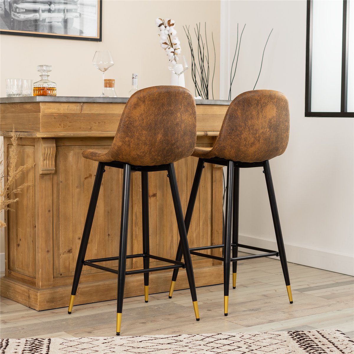 Lot de 2 tabourets de bar style vintage, CHARLTON BAR marron, MEUBLES COSY