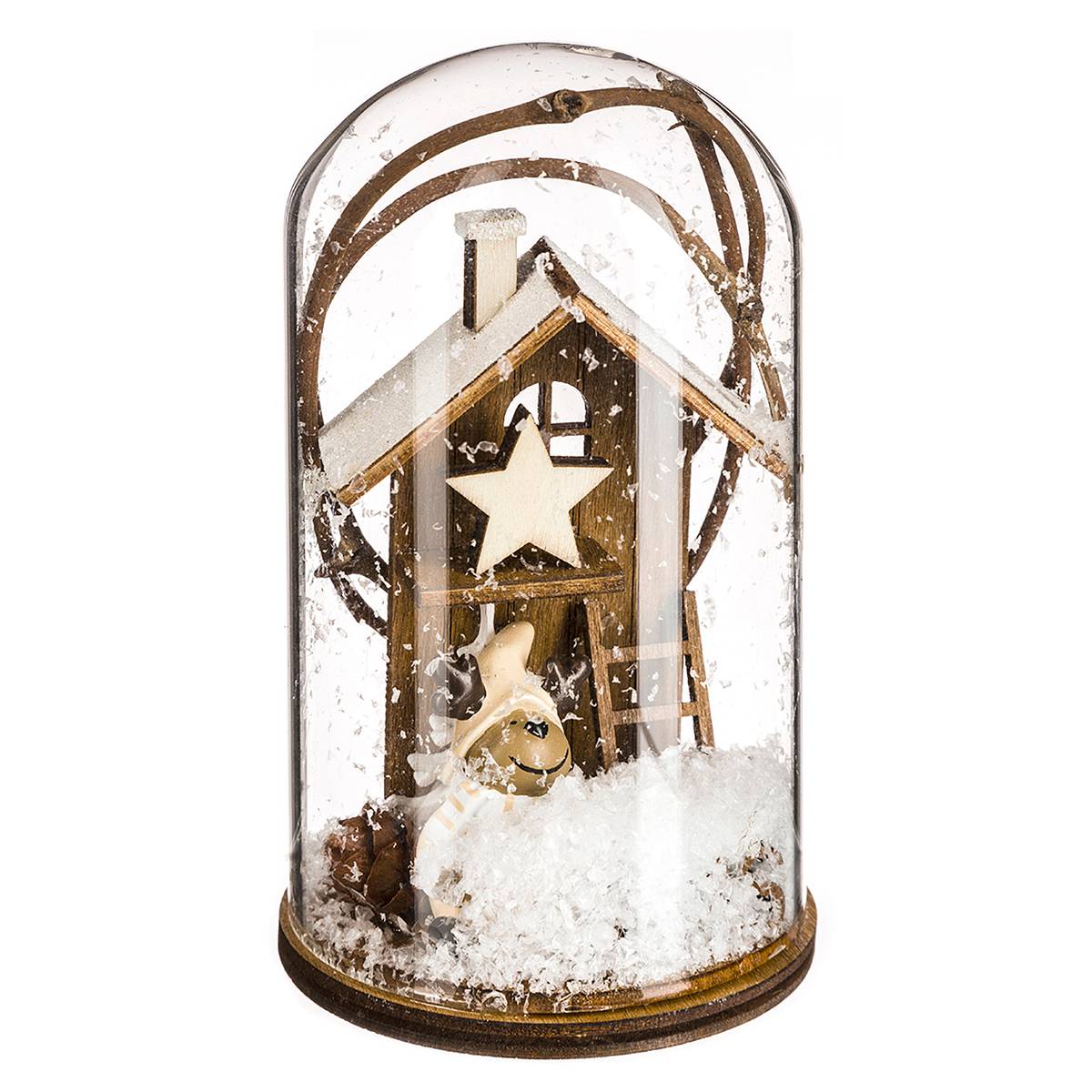Décoration sujet bois sous cloche H11 multicolore, FEERIC LIGHTS & CHRISTMAS