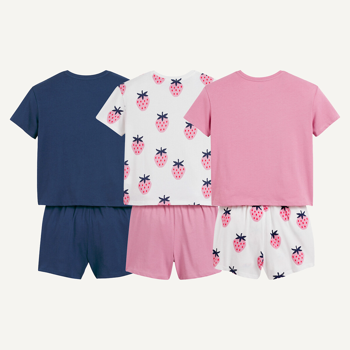 Lot de 3 pyjashorts coton marine + rose + écru, LA REDOUTE COLLECTIONS