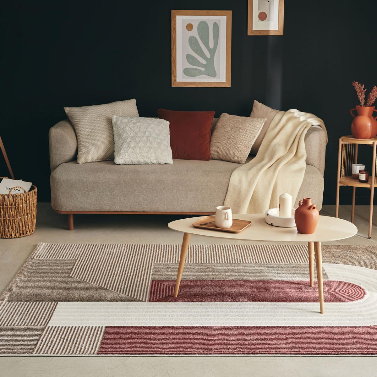 Tapis salon et chambre tissé motif géométrique ECHO 2 mauve, rose, gris, UN AMOUR DE TAPIS