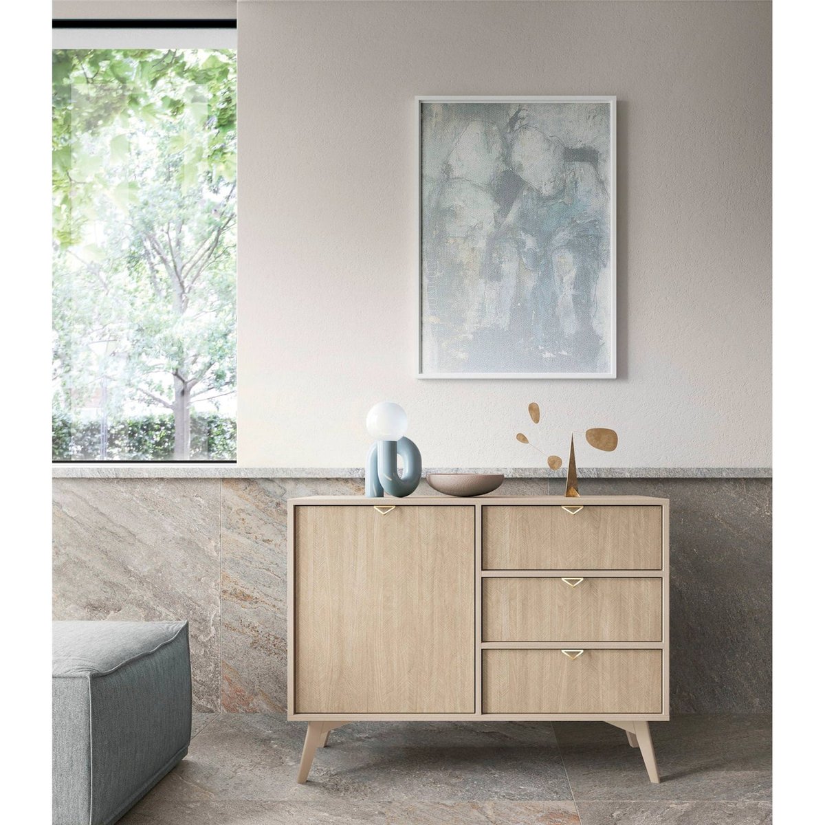 Commode FAVORIA scandinave porte et tiroirs beige grège, RECOLLECTION