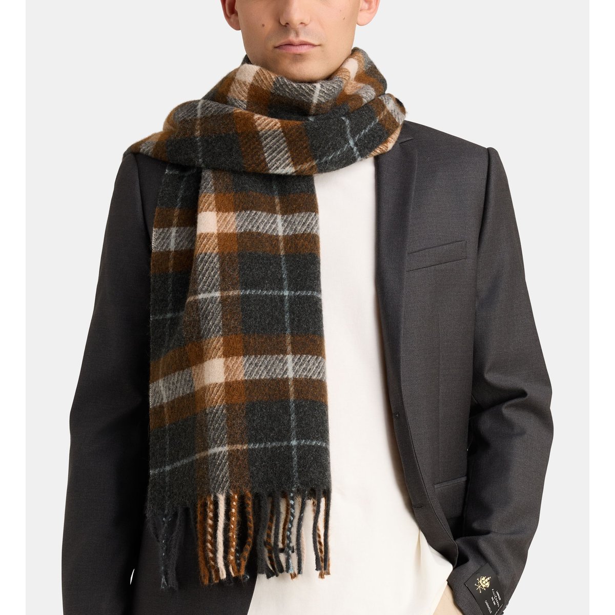 Echarpe douce bruno carreaux et franges gris et marron, GALERIES LAFAYETTE