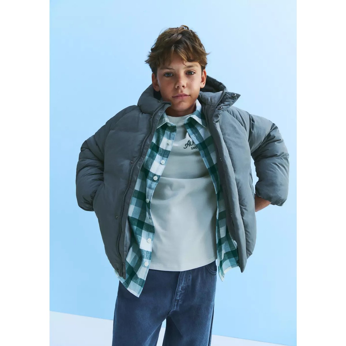 Anorak matelassé à capuche vert forêt, MANGO KIDS