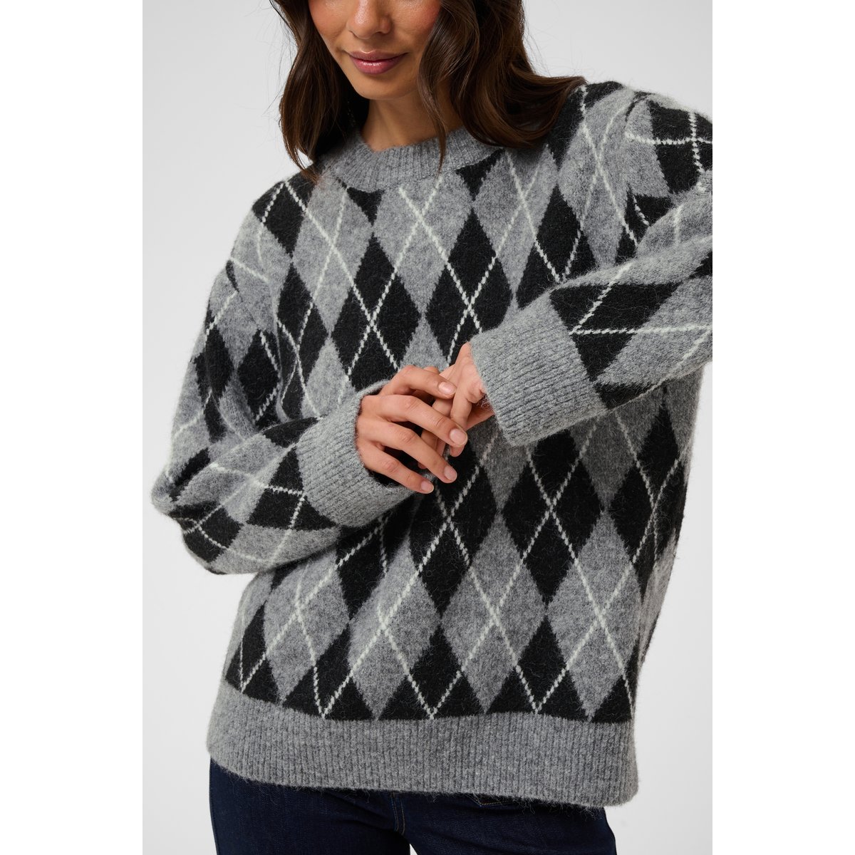 Pullover tricoté noir gris blanc black/gm/white argyle, KAFFE