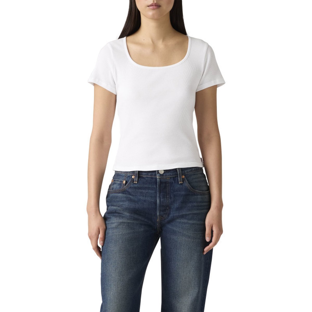T-shirt en coton blanc uni avec une coupe droite et un col carré blanc, LEVI'S