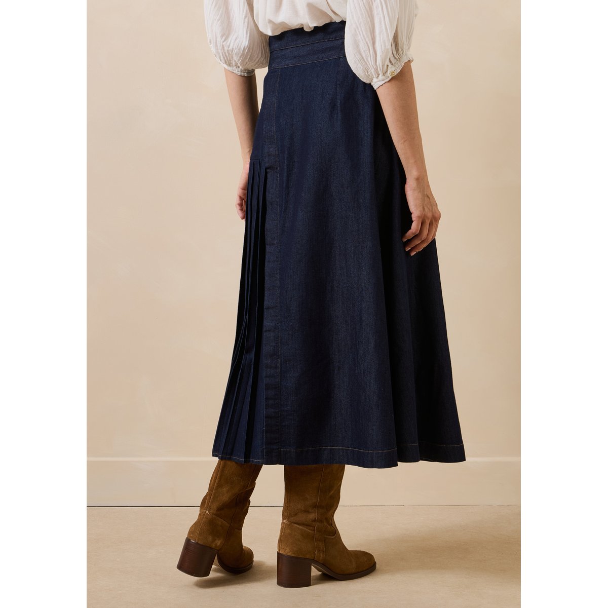 Jupe midi portefeuille en denim brut, LA FEE MARABOUTEE