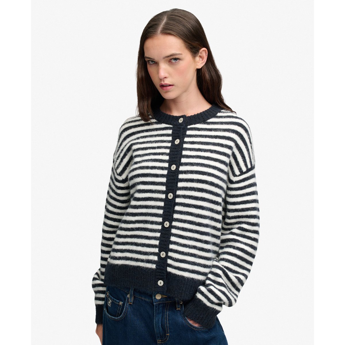 Cardigan Rayé en Maille Brossée Coupe Décontractée rayé bleu marine/blanc cassé, SUPERDRY