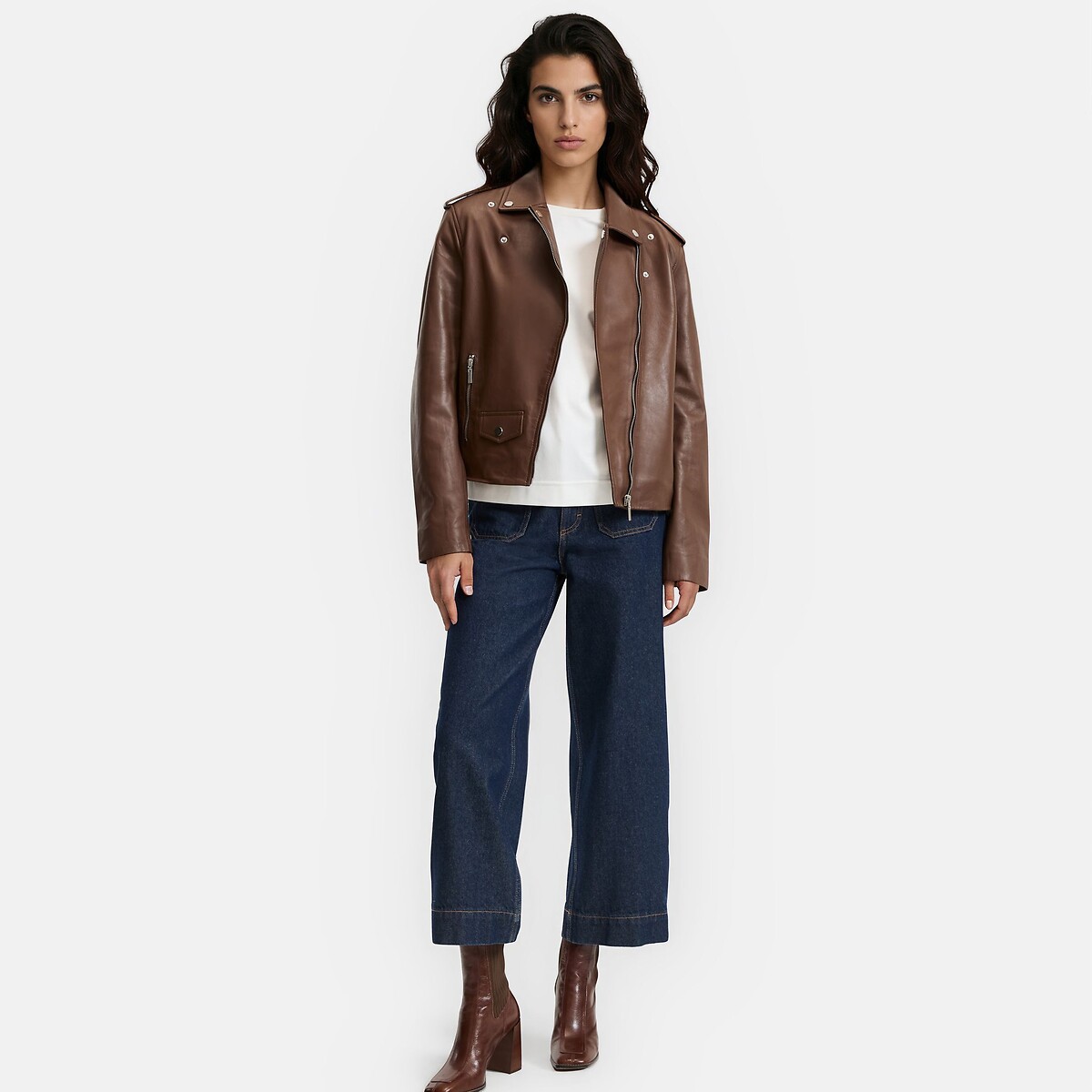 Giacca in pelle con cerniera in stile motociclista marrone, LA REDOUTE COLLECTIONS