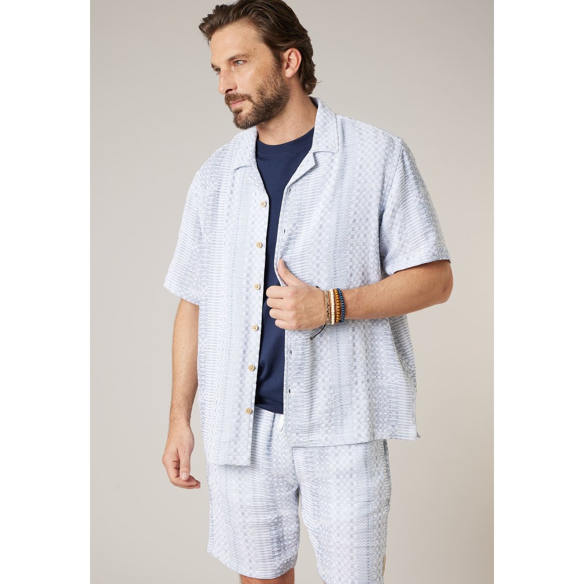 Chemise manches courtes homme en coton jacquard MIO steel blue, DEELUXE