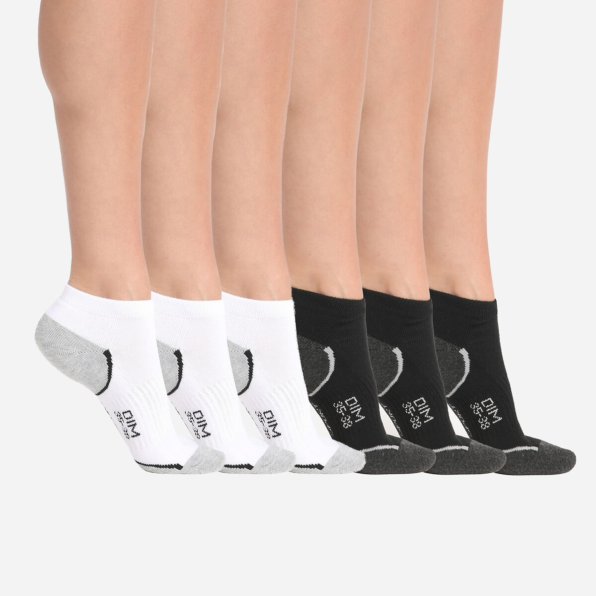 Pack of 6 Pairs of Sports Trainer Socks white/black, DIM
