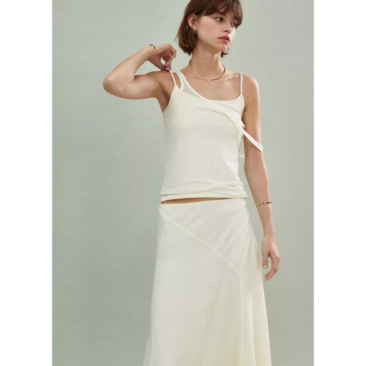 Jupe midi asymétrique blanc cassé, MANGO