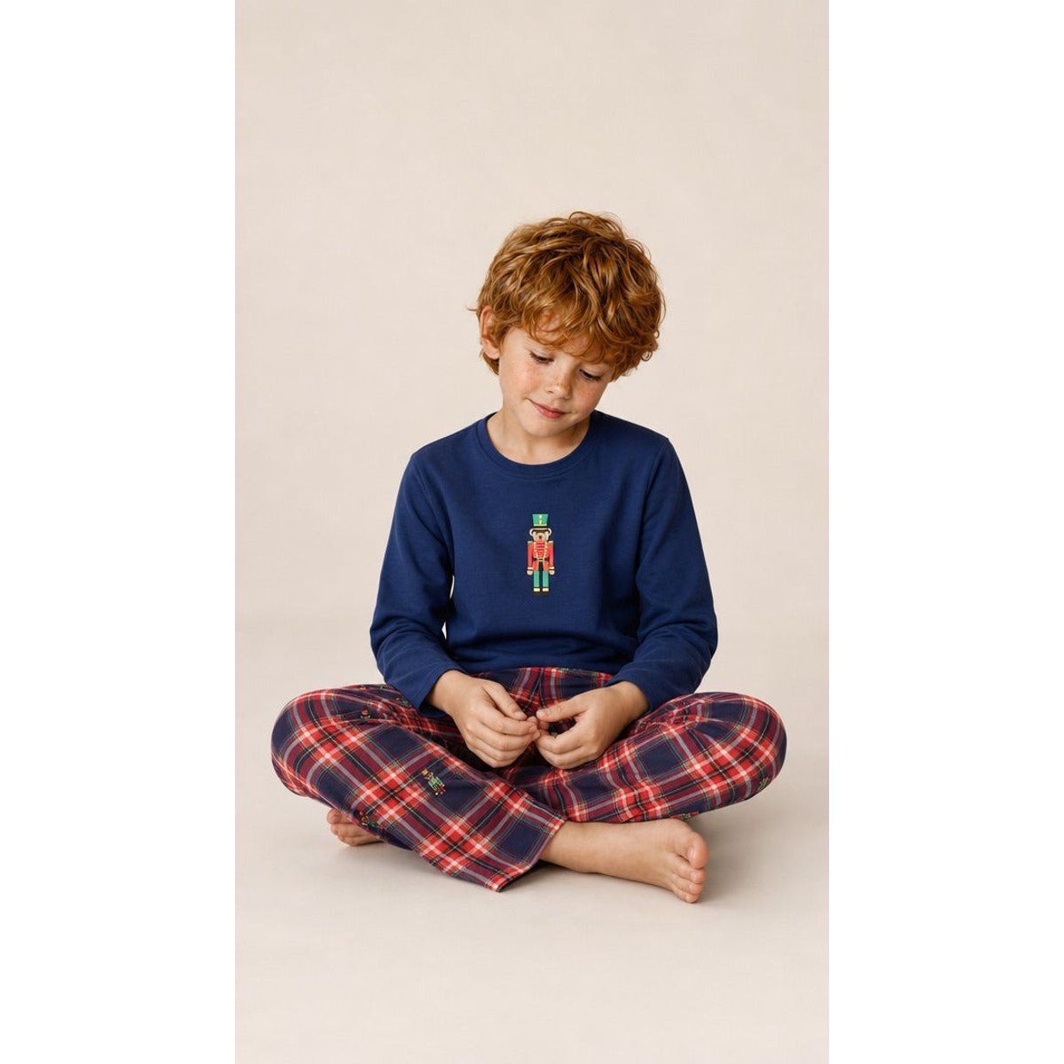 Pyjama enfant en jersey de coton épais à carreaux Léon rouge, ARTHUR