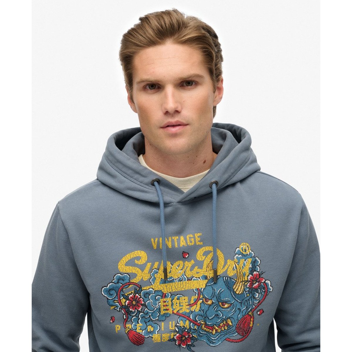 Sweat à capuche décontracté Vintage Logo Tokyo bleu gris grès, SUPERDRY