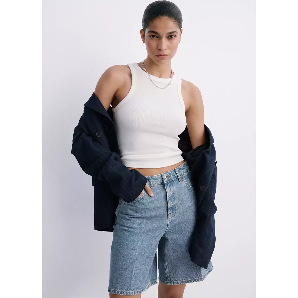 Bermuda en jean droit taille haute bleu moyen, MANGO
