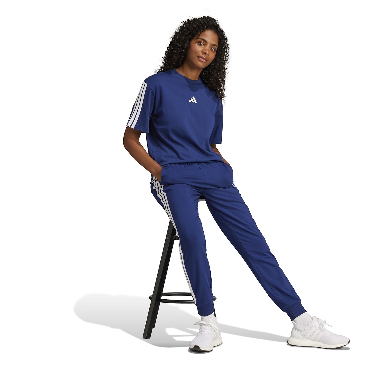 Strakke broek in molton Essentials 3 stripes marineblauw, ADIDAS SPORTSWEAR