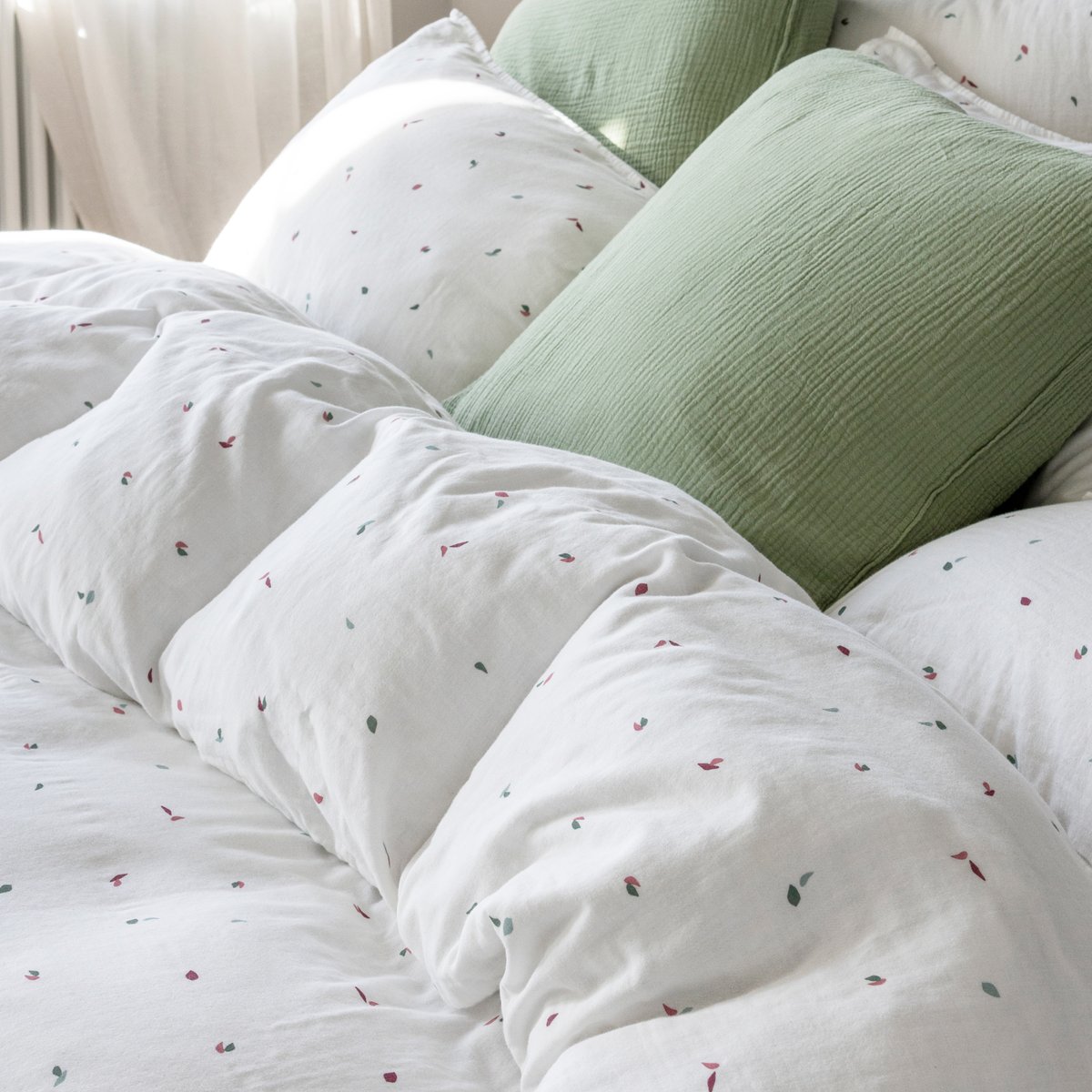 Housse de couette en gaze de coton, MILLE ET UNE FEUILLES naturel, BLANC CERISE