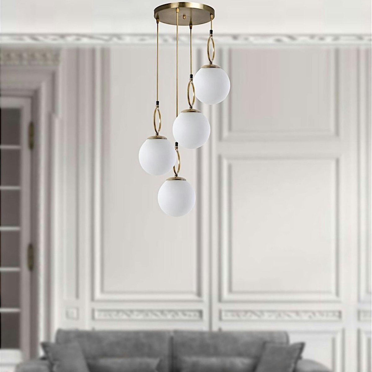 Suspension grappe 5 globes blancs avec anneaux SIERRE doré, PIER IMPORT