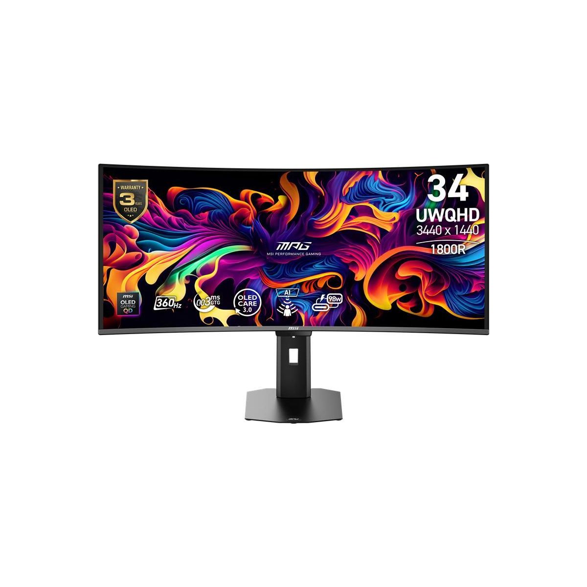 Ecran PC Gamer MPG 341CQR 34" Incurvé 1800R UWQHD 360Hz QD-OLED HDMI 2.1 USB-C 90W couleur unique, MSI