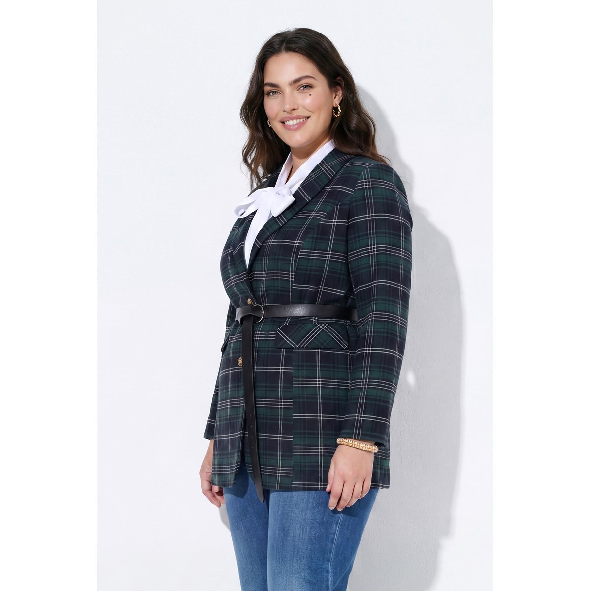 Blazer long, motif à carreaux noir, ULLA POPKEN