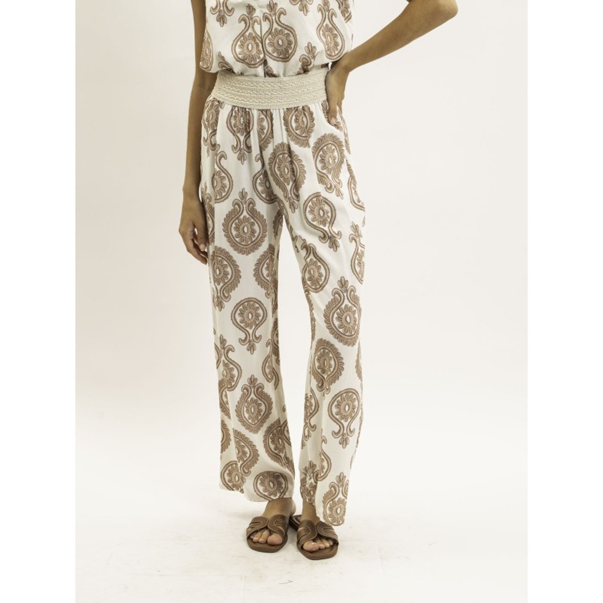 Pantalon Fluide Motifs Emiline beige, DONA LISA