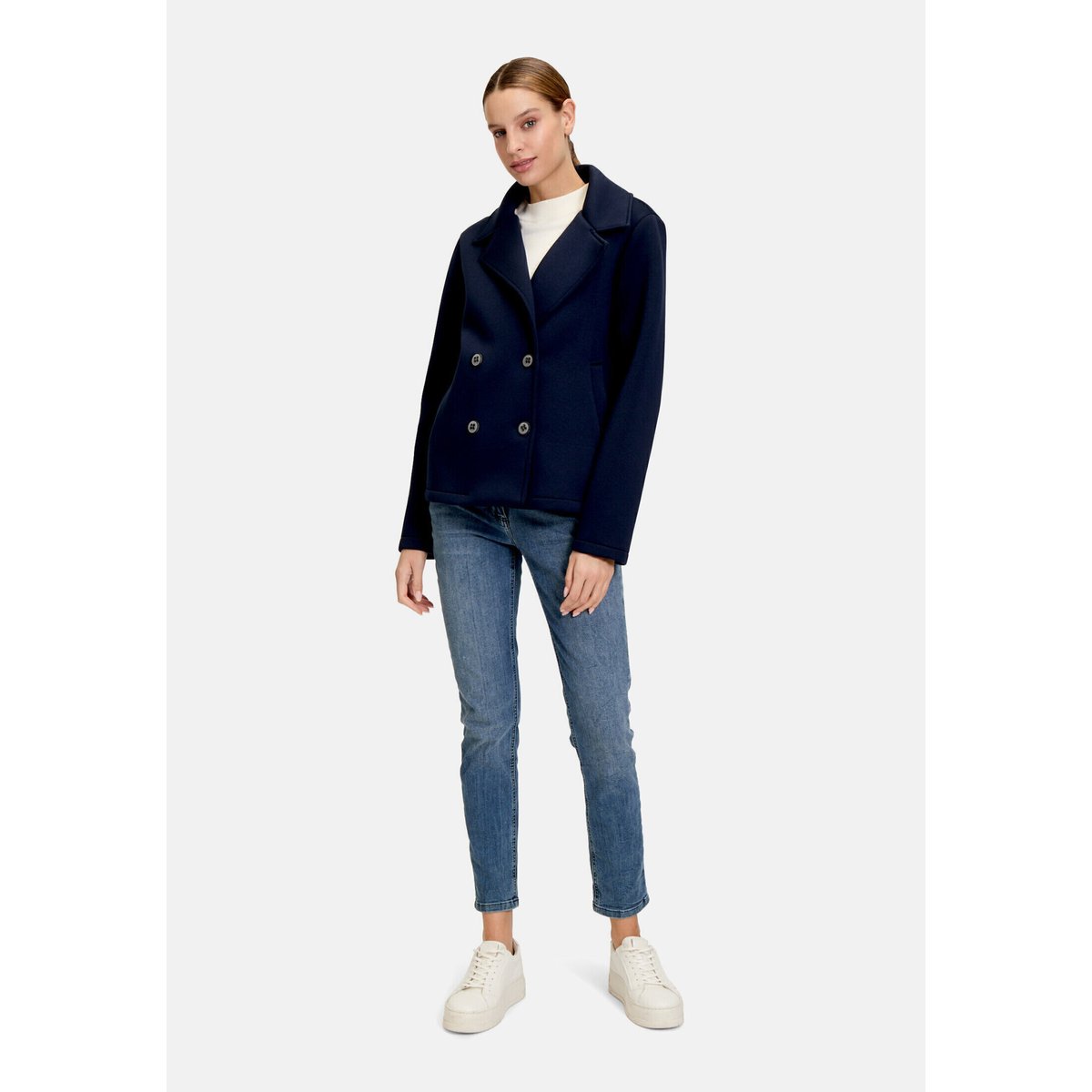 Veste blazer à col à revers bleu foncé, AMBER & JUNE