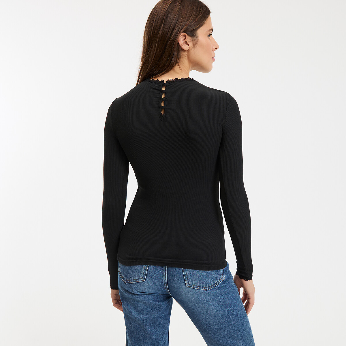 Crew Neck T-Shirt with Lace Details black, LA REDOUTE COLLECTIONS