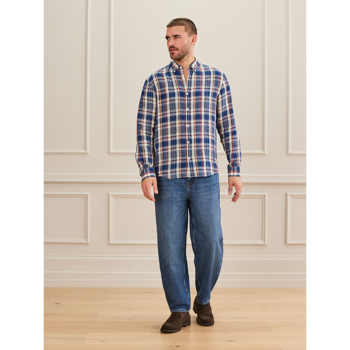 Chemise manches longues lin à carreaux rouge, NEXT