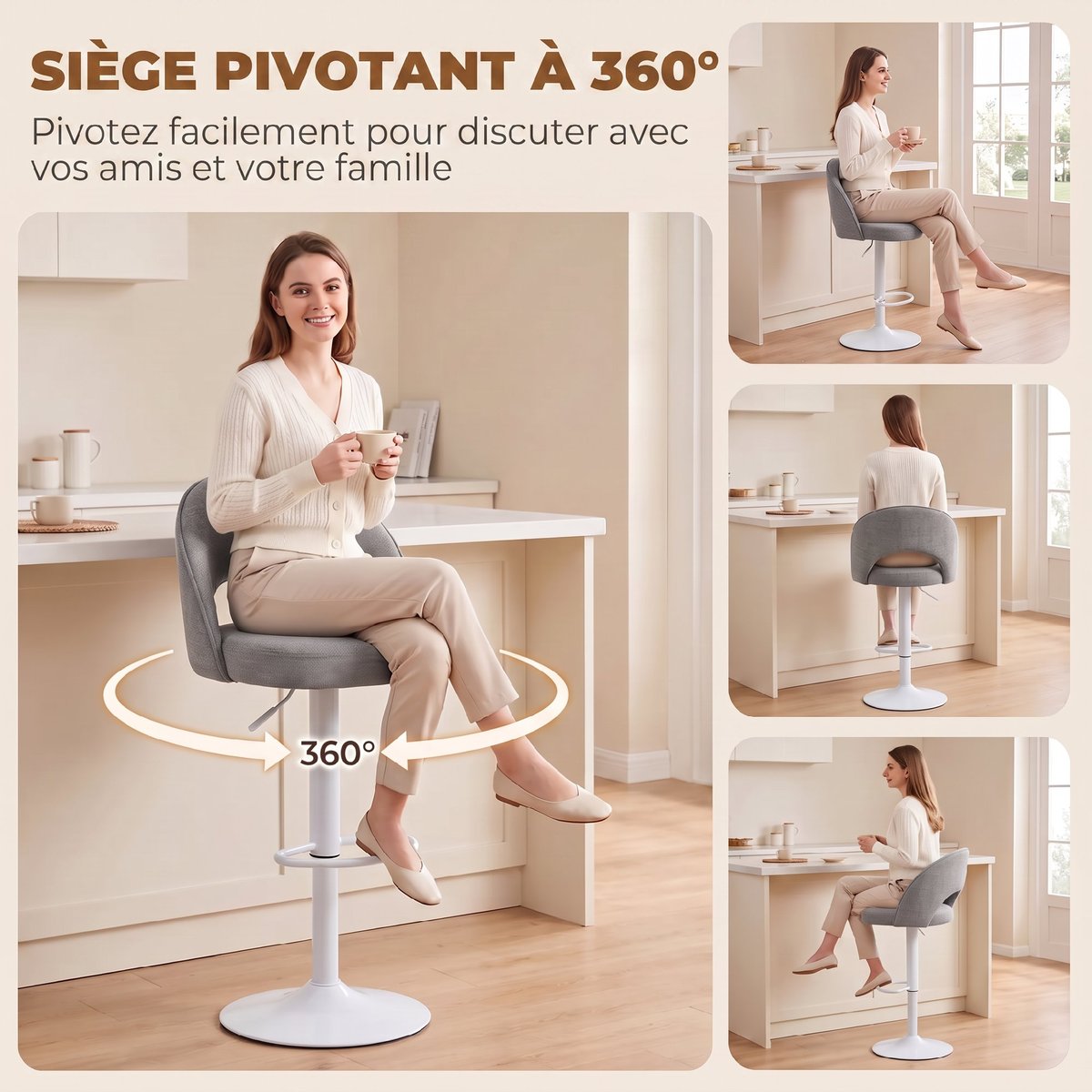 Tabouret de bar Chenille (100 % polyester) gris, noir, HOMCOM