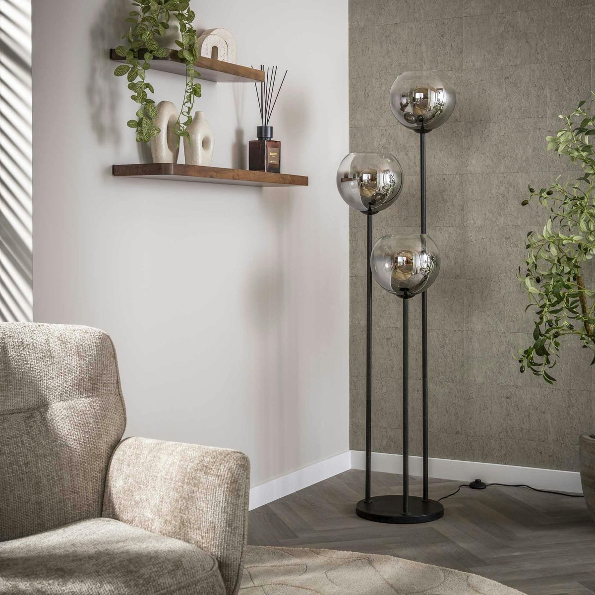 Lampadaire design en verre fumé 3 tiges RALF gris, PIER IMPORT