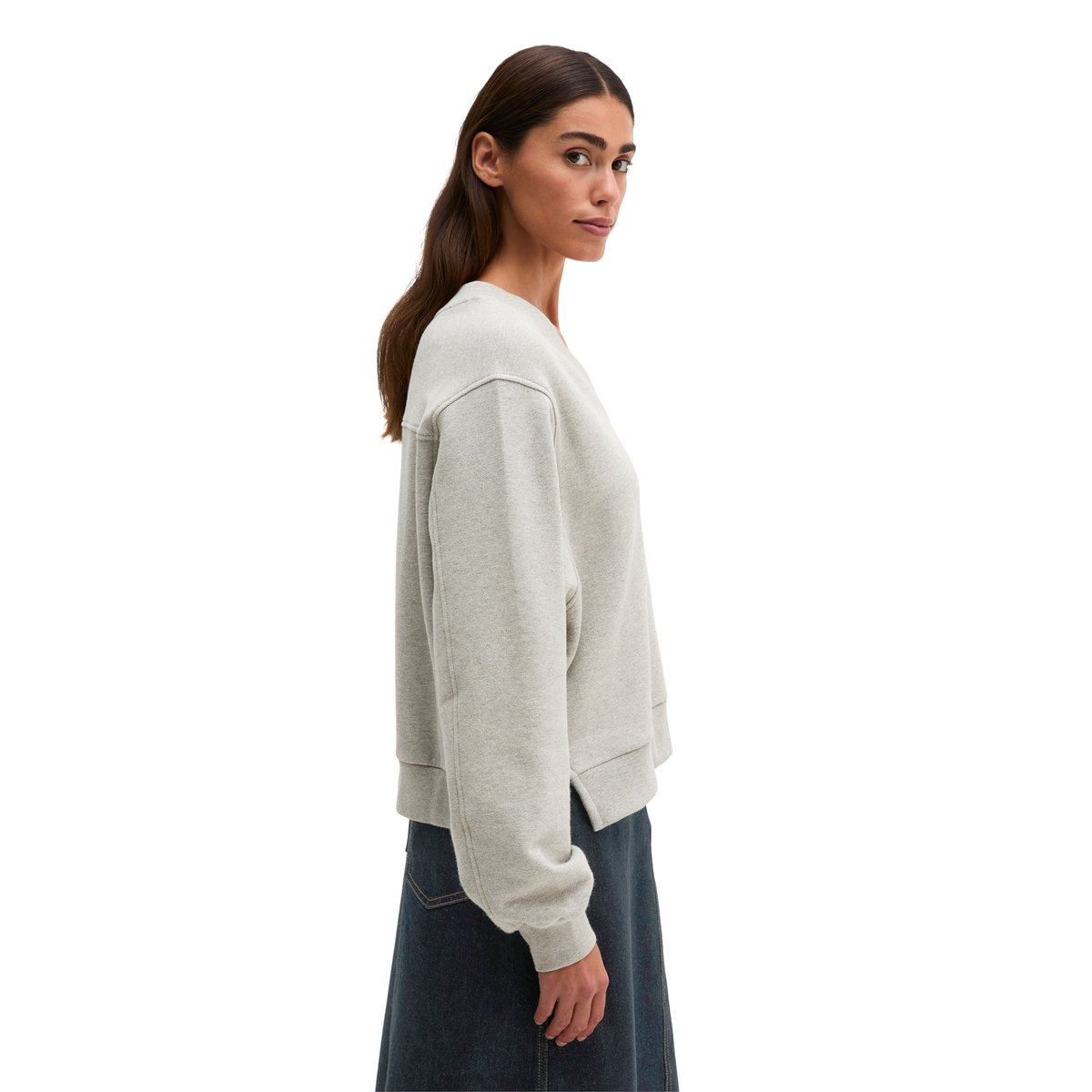 Sweat-shirt à col en V, coupe décontractée en mélange de coton bio gris, MARC O'POLO