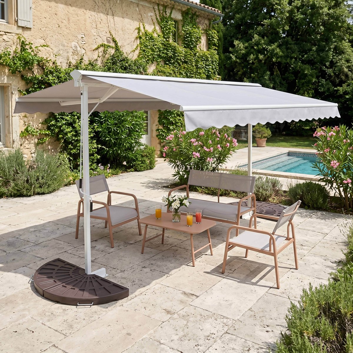 Store banne double pente 3x4m et dalles de lestage, DELGADA ecru, OVIALA