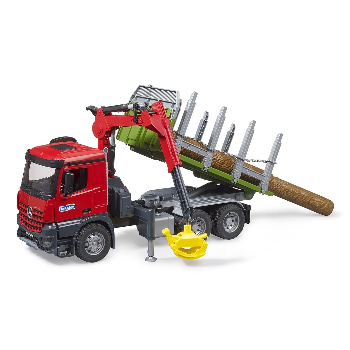 Camion de transport de bois MB Arocs avec grue de chargement, grappin et 3 troncs d'arbre multicolore, BRUDER