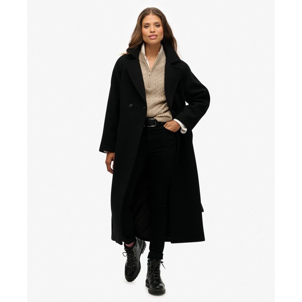 Manteau Long Mélange de Laine Décontracté noir, SUPERDRY