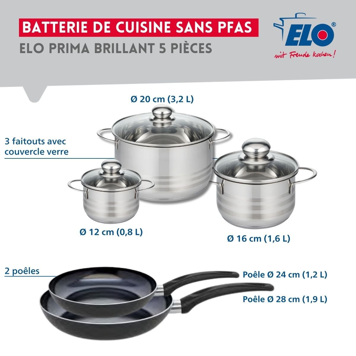 Batterie 2 poêles 24/28cm + 3 faitouts 12/16/20cm PRIMA BRILLANT noir, ELO