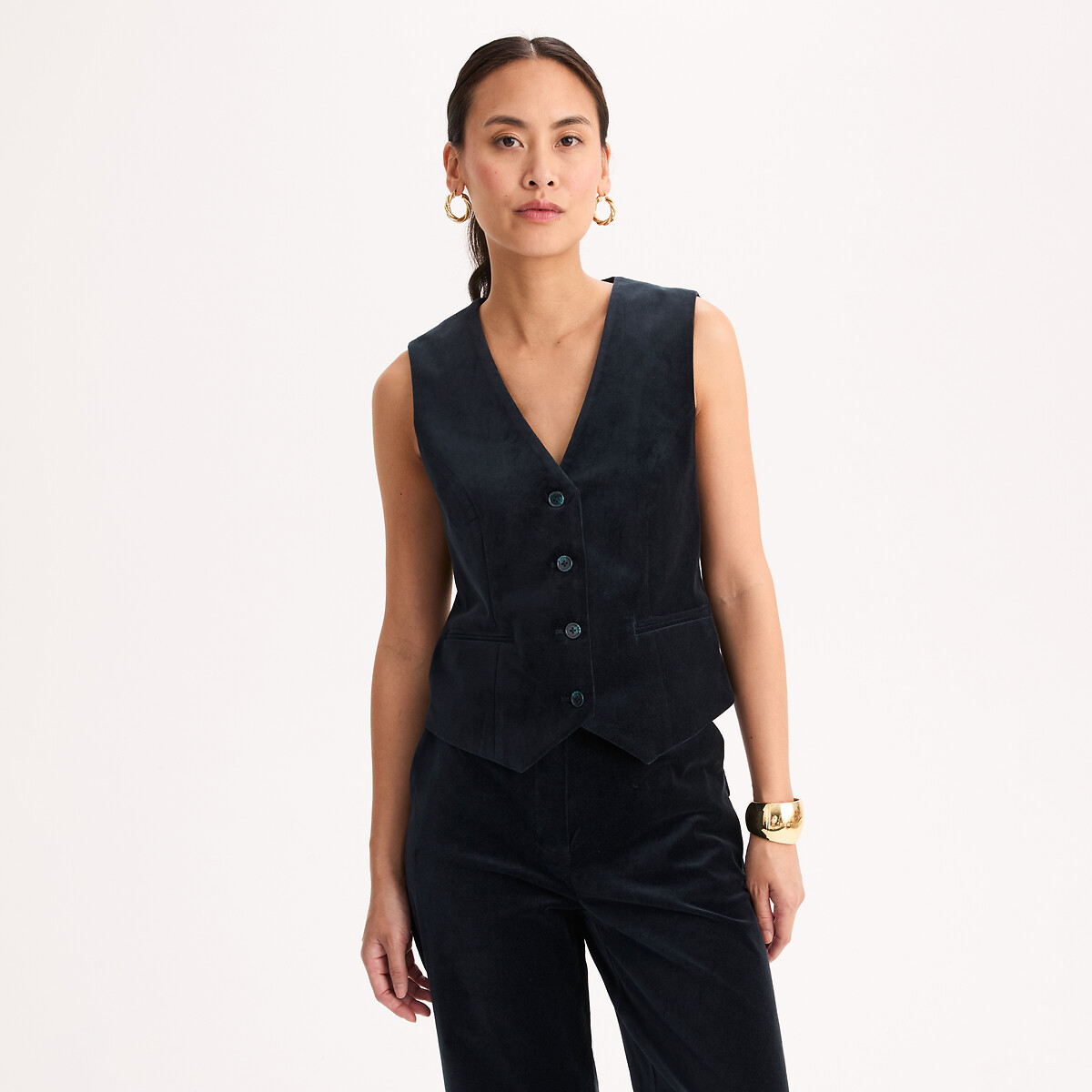 Veste sans manches en velours lisse bleu marine, ANNE WEYBURN