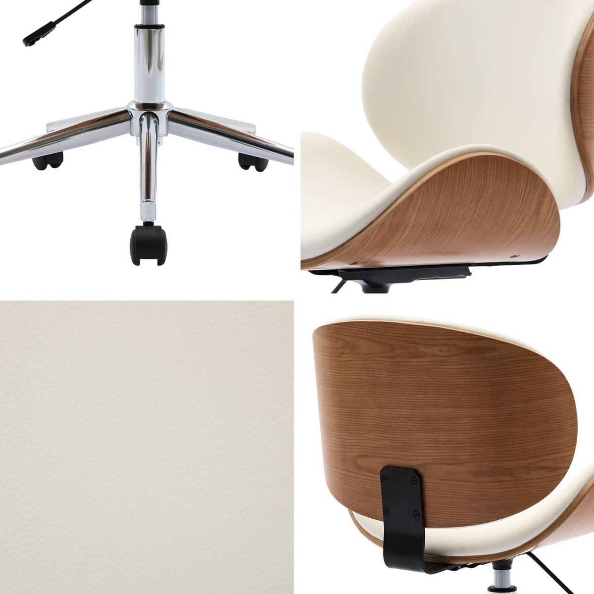 Chaise de bureau à roulettes décor bois courbé et simili cuir DWIGHT blanc, SWEEEK