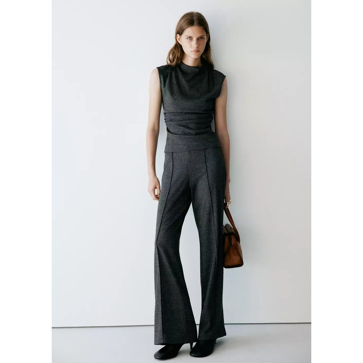 Pantalon droit à carreaux noir, MANGO
