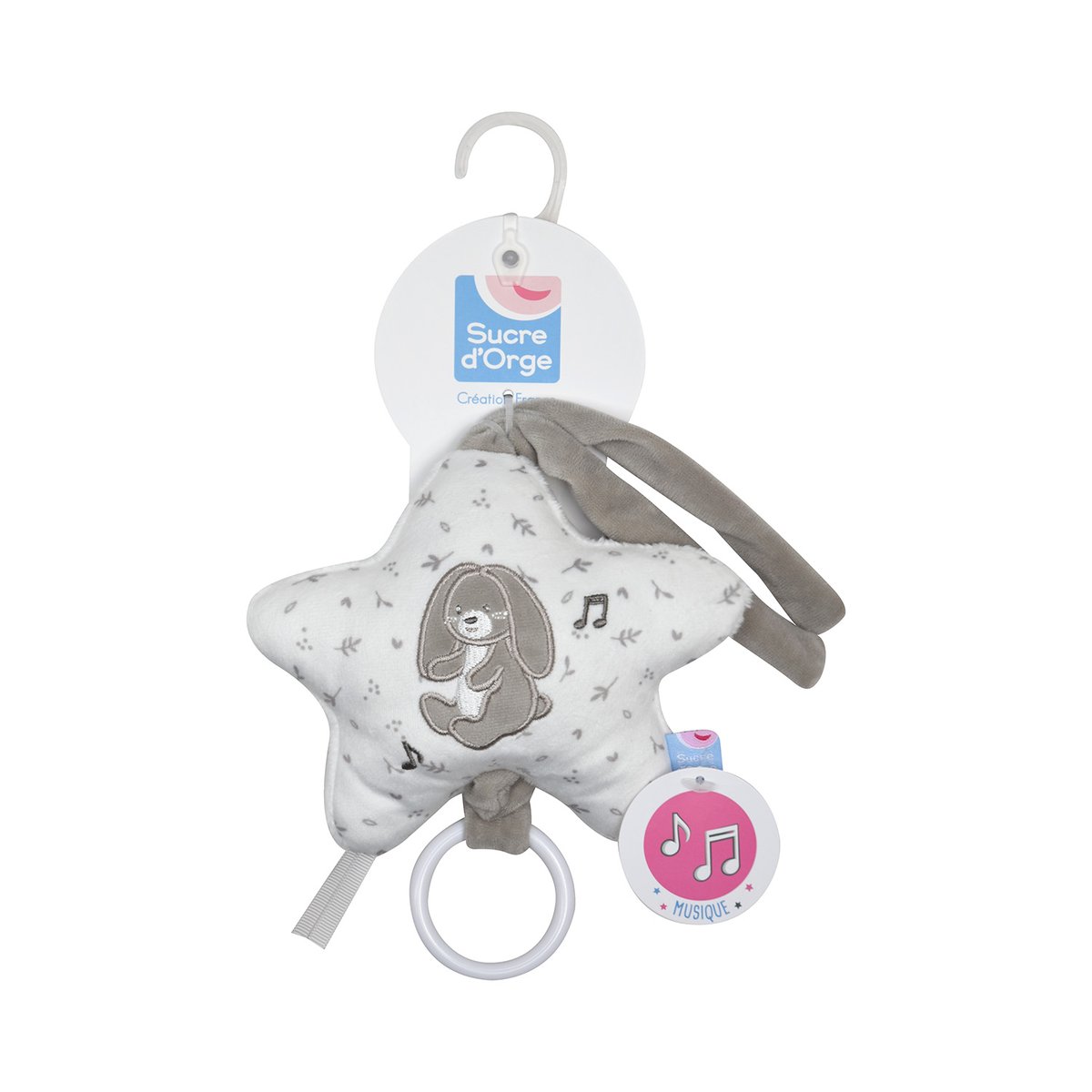 Boite a musique lapin remy velours doux gris, SUCRE D'ORGE