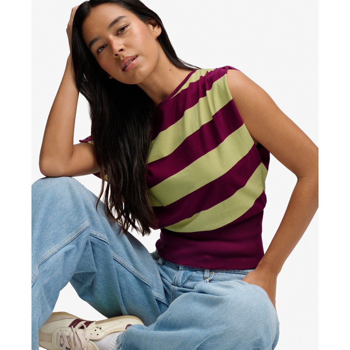 Top Bardot Rayé Côtelé Coupe Ajustée rayures magenta et violet, SUPERDRY