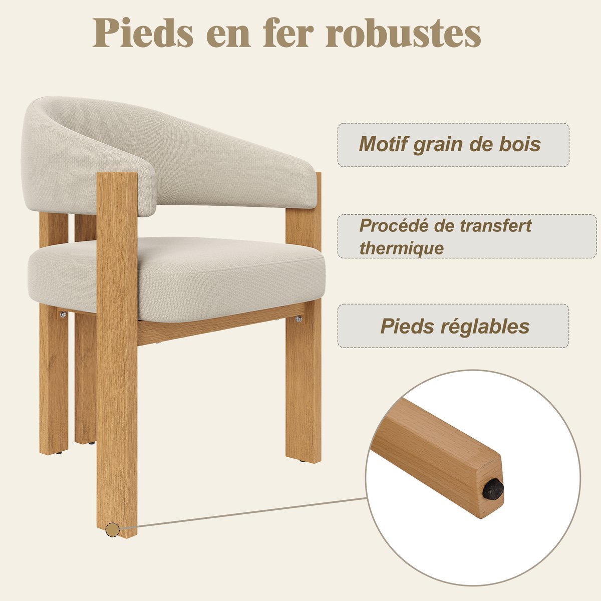 Lot de 4 chaises de salle à manger modernes en tissu flanelle, ONDINEB beige, MEUBLES COSY
