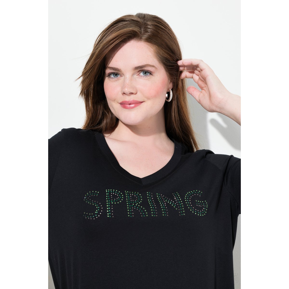 T-shirt col en V et manches 3/4 noir, ULLA POPKEN