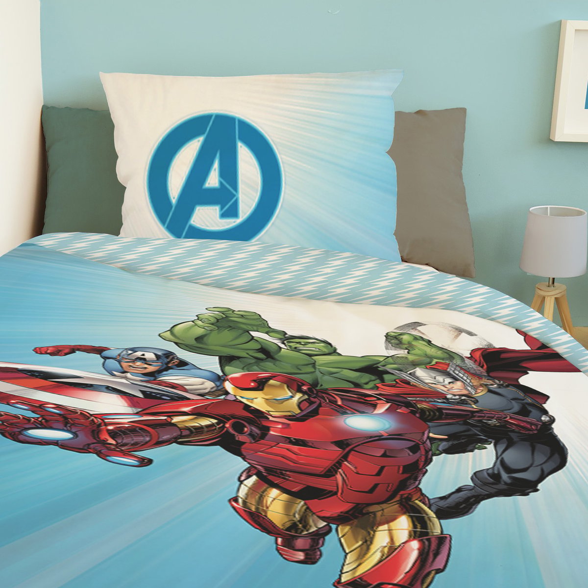 Parure de lit coton Marvel, AVENGERS ORIGINAL bleu, DISNEY