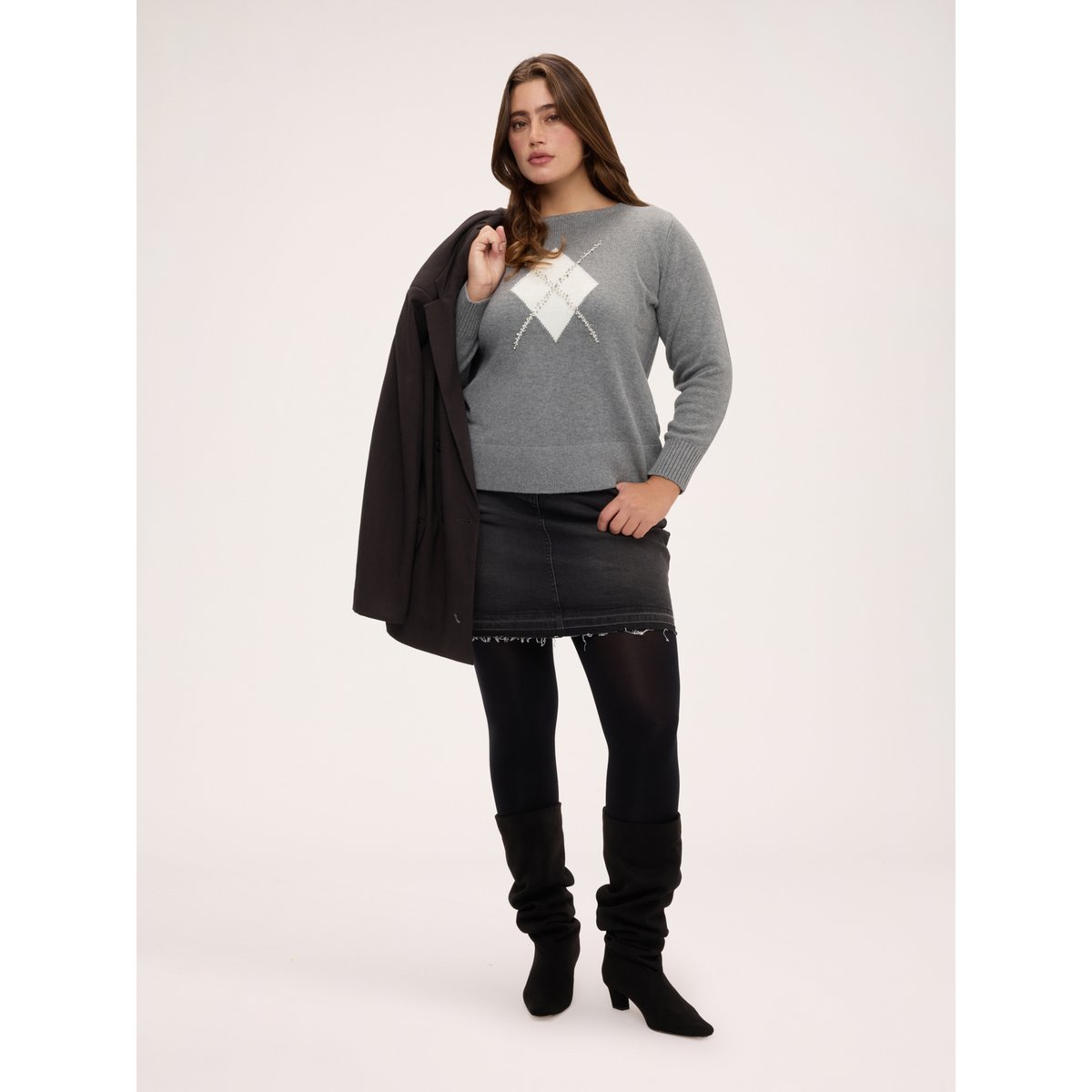 Pull motif argyle avec appliques gris, FIORELLA RUBINO